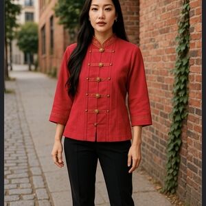 Nancy Bolen Vintage Red w/ Gold Accent Mandarin Collar Button Blazer
